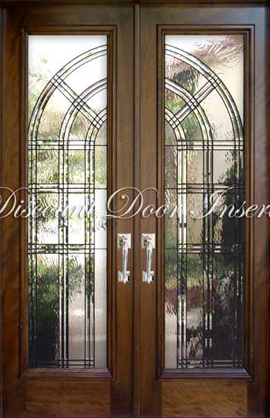 leaded glass door inserts shown in 8 foot grey doors installed in Yorba Linda Orange County CA.